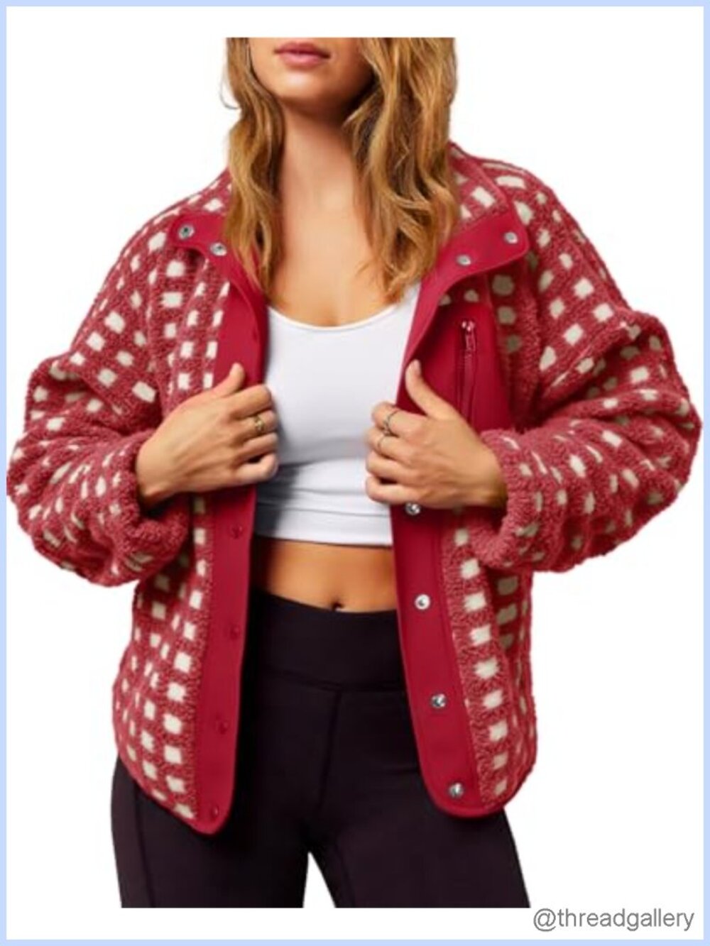 Women Fleece Sherpa Jacket Fuzzy Checkered Button Down Winter Coat